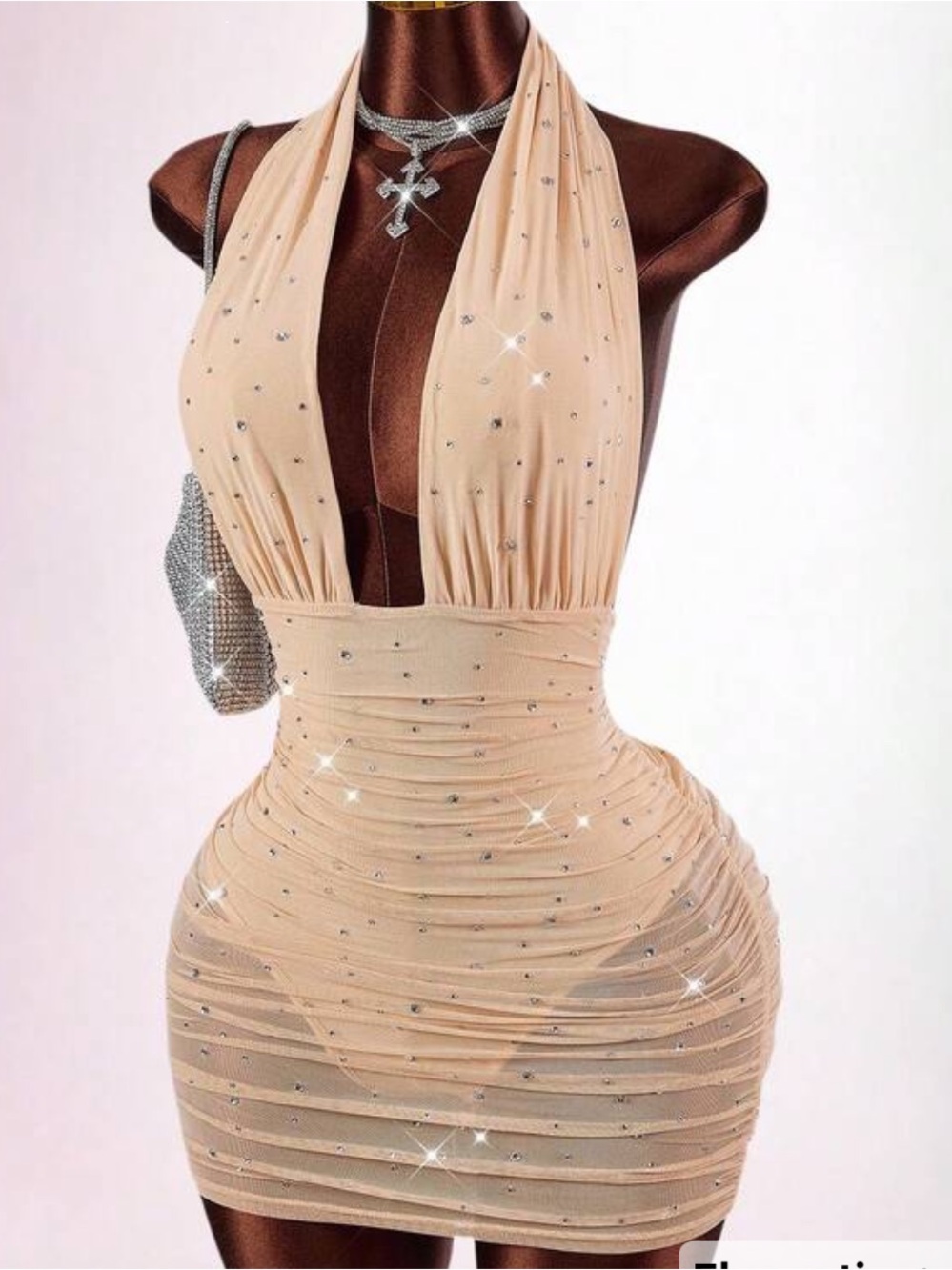 SHEIN Nude Beaded Halter Ruched Open-Back Mini Dress 3Snaps at the bottom